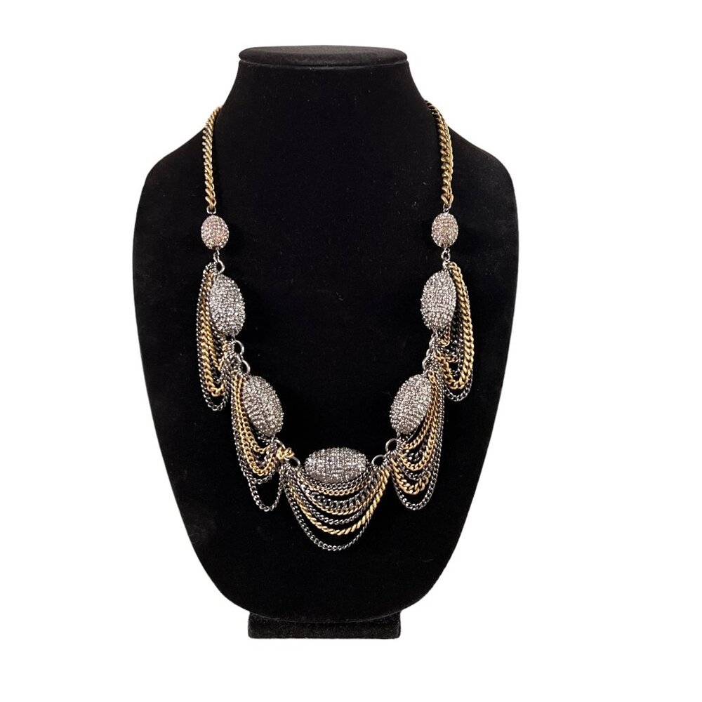 Talbots Gold Silver Gun Metal Multi-Chain Statement Necklace Crystal Bea…